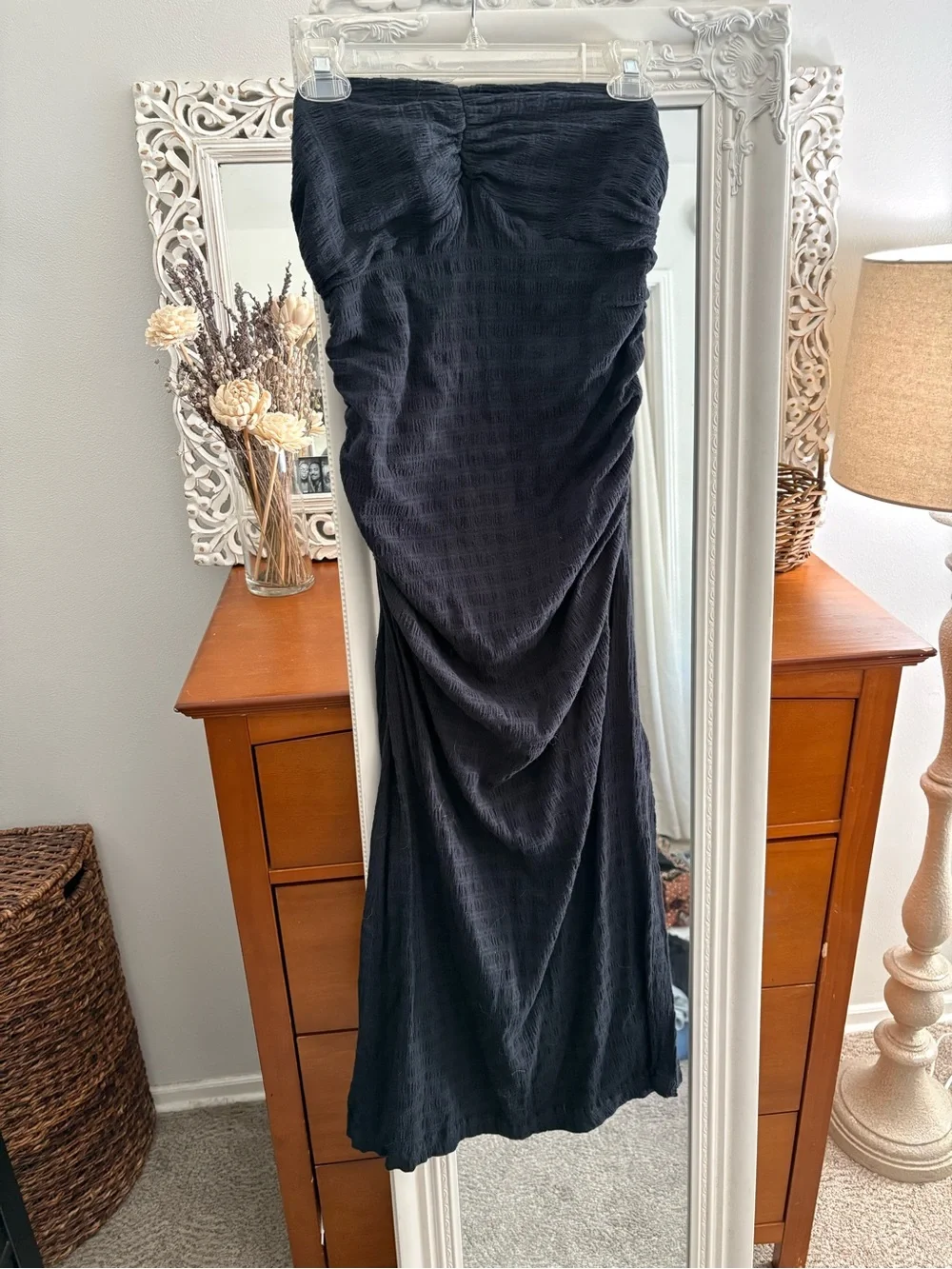 Black Ruched Strapless Maxi Dress